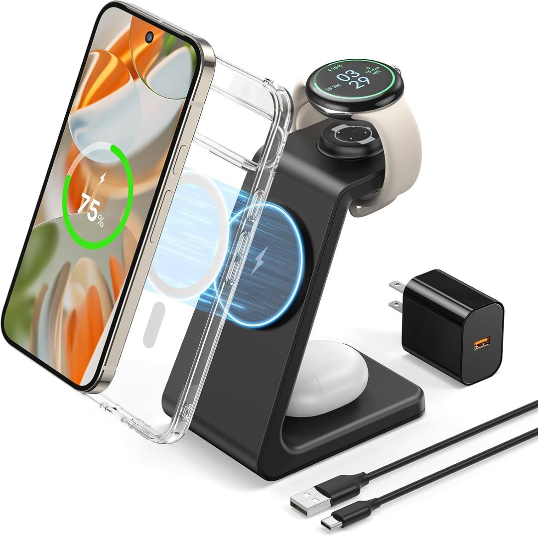 3 in 1 Magnetic Wireless Charger for Google Pixel Watch 3/2, Compatible with MagSafe, Fast Charging Stand with Adapter for Pixel 10/10 Pro Fold/10 Pro XL/9a/9/8/7/6 Pro, Buds(Not for Pixel Watch 4/1)