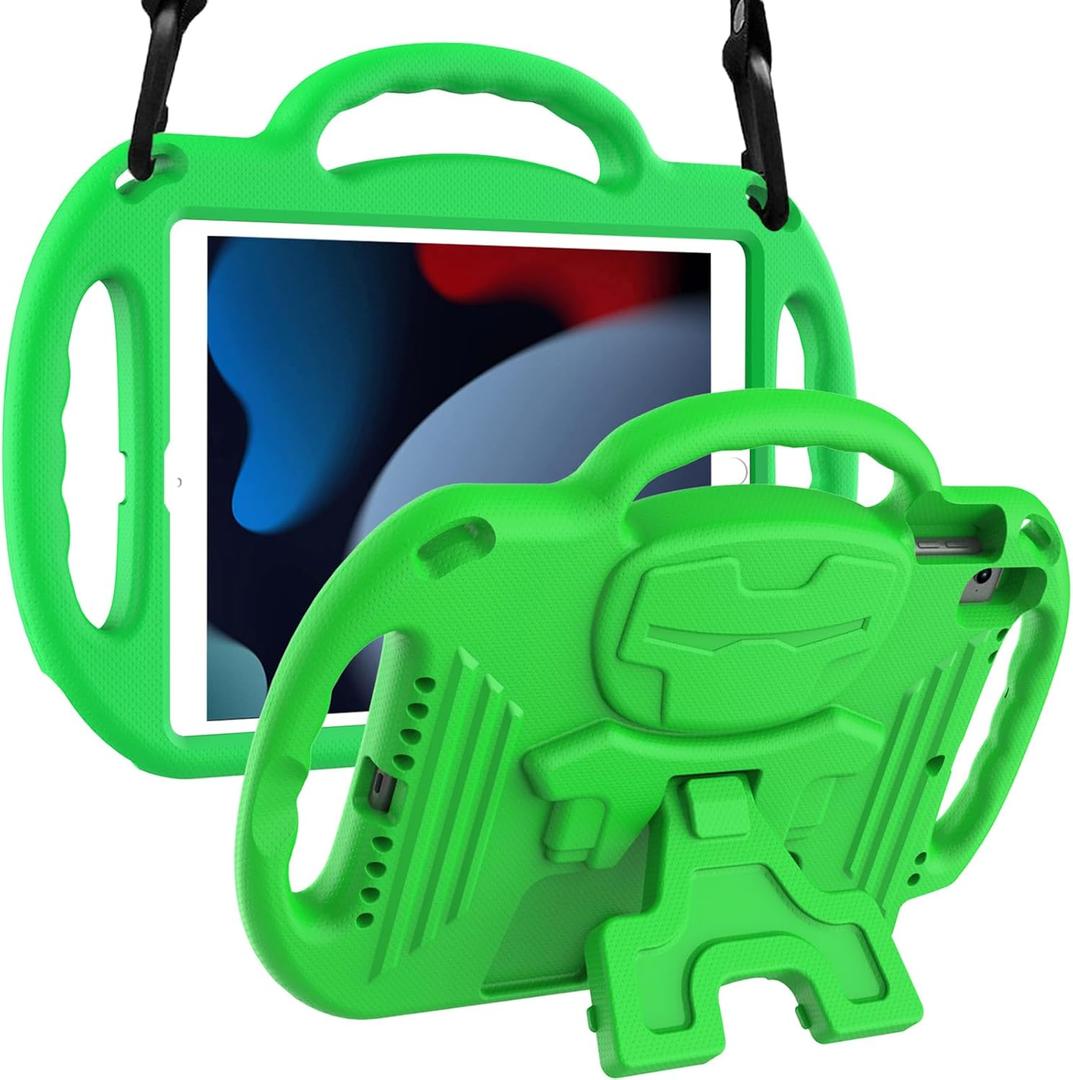 LTROP Kids Case for iPad 9th/8th/7th Generation (10.2 inch, 2021/2020/2019), iPad 10.2" Protective Case with Shoulder Strap Handle Stand for iPad 7th/8th/9th Gen,Green