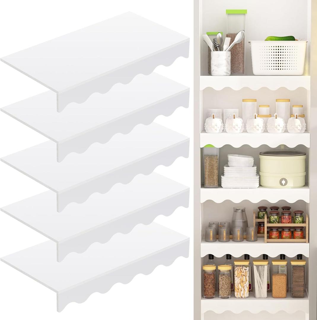 5PCS Wire Shelf Cover 24x 12 Inch, Wood Wire Rack Covers for Pantry, Decorative Wooden Shelf Rack for Closet Storeroom Kitchen Bathroom Hallway Mudroom (White, Wave)