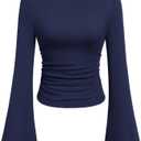 PRETTYGARDEN Womens Long Sleeve Shirts 2026 Spring Crop Going Out Tops Casual Boat Neck Bell Sleeve Ribbed Ruched Y2K Clothes (Large, Navy Blue)