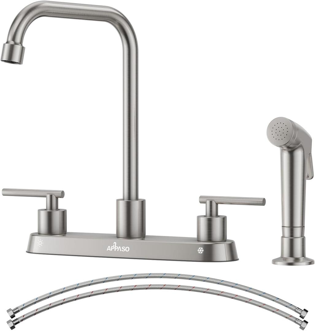 APPASO Kitchen Faucet with Side Sprayer, Brushed Nickel Kitchen Sink Faucet, 4 Hole Kitchen Faucet, Stainless Steel Faucet for Kitchen Sink, 2 Handle Faucets with High Right Angle Spout