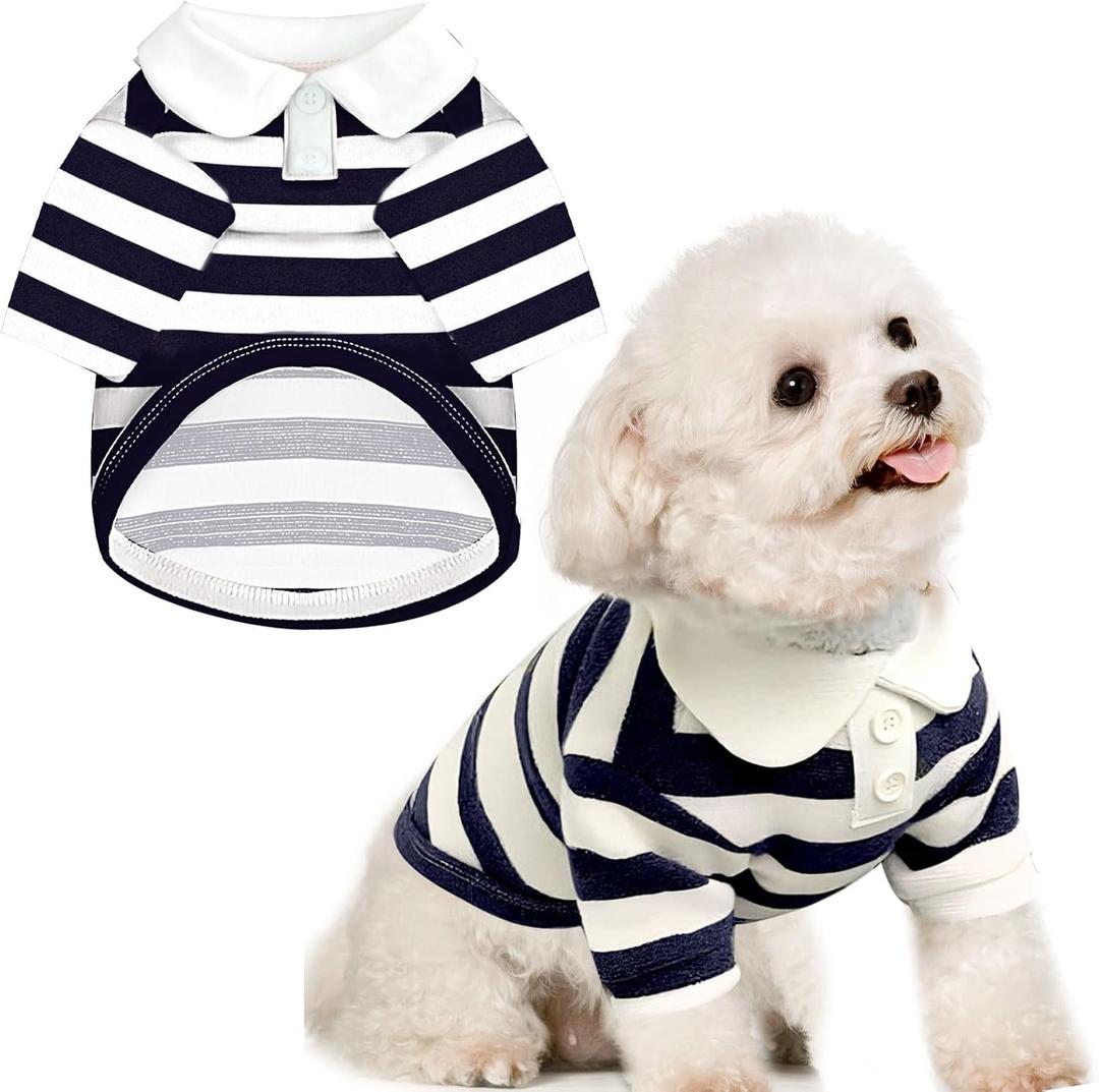 BAEJMJK Cute Dog Shirt Boy Girl Dog Clothes Striped Collared Polo T-Shirt for Small Medium Dogs Cats Soft Breathable Pet Puppy Outfits(Navy Blue,XX-Large)