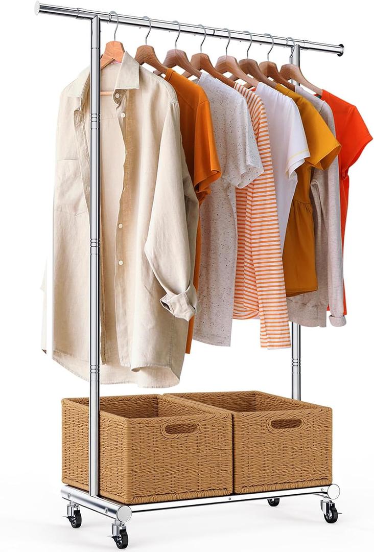 TigerParty Clothes Rack for Hanging Clothes, Sturdy Stainless Steel Clothing Rack, Extendable & Adjustable Rolling Garment Rack with Wheels for Bedroom Laundry Living Room, Silver