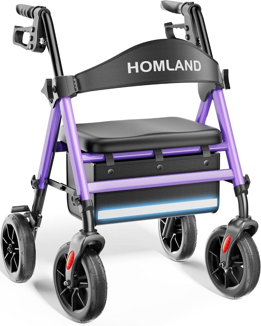HOMLAND Foldable Walker for Seniors with Seat, 17lb Lightweight, Ergonomic | 350lb Capacity, 8" All-Terrain Wheels, Adjustable Height, Easy to Assemble, Ergonomic Seat, Light Aluminum Frame, Purple