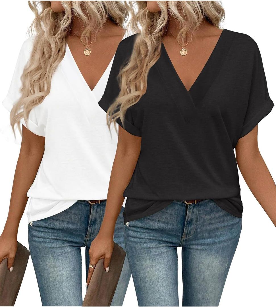 2PCS T Shirts Short Sleeve V Neck Tees Womens Tops Fashion Beach Vacation Clothes 2026 Casual Summer Spring Outfits (XX-Large)