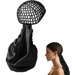 2 In1 Wrap Cap Bonnet Reversible, Adjustable Hair Wrap Cap Nettie Band Net, Double Layered Long Hair Silk Press Set Braid Bonnet for Curly Black