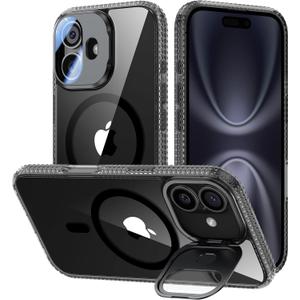 VOFATA [Upgraded] for iPhone 16 Case with Camera Cover Stand [Fit for MagSafe][9H Camera Lens Protector] Mil-Grade Protection Transparent Magnetic iPhone 16 Phone Case, Clear Black
