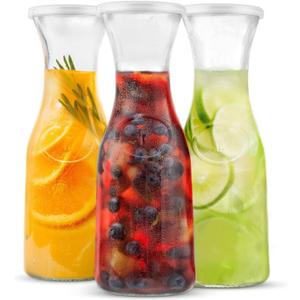 KooK Glass Carafe, Mimosa Bar Supplies, Carafe Pitchers with Lid, Set of 3, Glass Water Pitcher, Drink Dispensers for Parties, Tea, and Juice, Plastic Lids, Dishwasher Safe, 35 oz