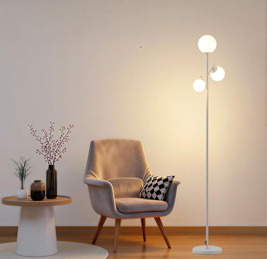 Fiqevs 3 Light Globe Floor Lamp - Modern White Floor Lamp with Sphere Glass lampshade, LED Bulbs Included, Standing Lamp with Foot Switch for Living Rooms, Bedrooms, Offices
