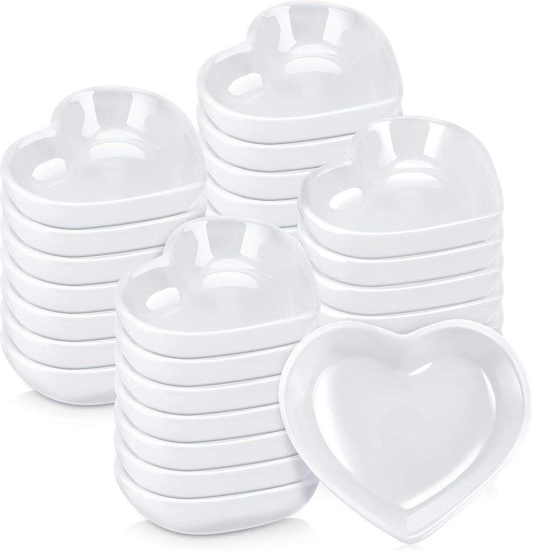 Zopeal 24 Pcs Heart Shaped Bowls Ceramic Dishes Heart Plates Multipurpose Salad Appetizer Plate Cooking Gift for Candy Sauce Sushi Dipping Serving Wedding Anniversary (White), Small