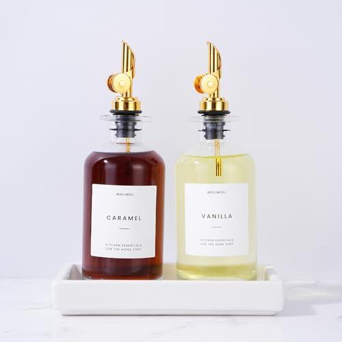 Molimoli Olive Oil Dispenser Bottle for Kitchen, Coffee Syrup Dispenser w. Weighted Pourer, Glass Bottle Dispenser for Kitchen with Ceramic Tray | Gold, 350ml, Set of 2