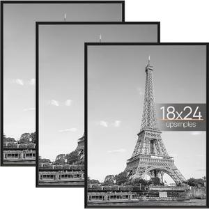 upsimples 18x24 Picture Frame Black 3 Pack, Scratch-Proof Poster Frames 18 x 24 for Photo Gallery - Slide-In Strips, Horizontal or Vertical Wall Mounting