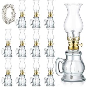 Yexiya 12 Pcs Oil Lamp Vintage Glass Kerosene Lamp Rustic Lantern Chamber Oil Clear Kerosene Hurricane with 6.6 ft Extra Wick for Indoor Use Home Decor Emergency (Elegant)