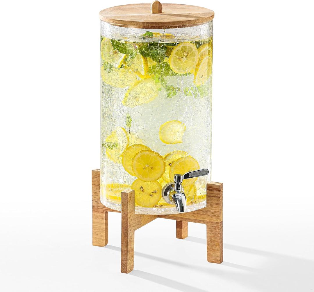 2 Gallon Glass Drink Dispenser with Stand, Beverage Dispenser with Wood Lid and Stainless Steel Spigot, Glass Water Dispenser for Parties, Ideal for Juice, Tea, Lemonade, and More (Crackle Finish)