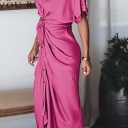Women Elegant Satin Button Down Short Sleeve Maxi Shirt Dress with Belt (Pink, XL)