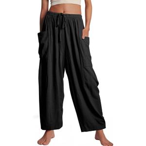 Kissonic Womens Wide Leg Pants Casual Drawstring Summer Palazzo Harem Pants (Black, XL)