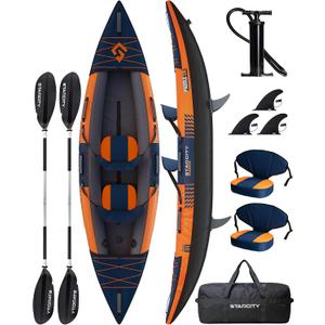 Inflatable Sit-on-Top Tandem Kayak, Wide Stable 12'2"*36"*13", 600 lb Capacity, Touring Fishing Performance, Adjustable Seat Footrest, for Lake Coastal Exploration, Family, Beginners, Anglers