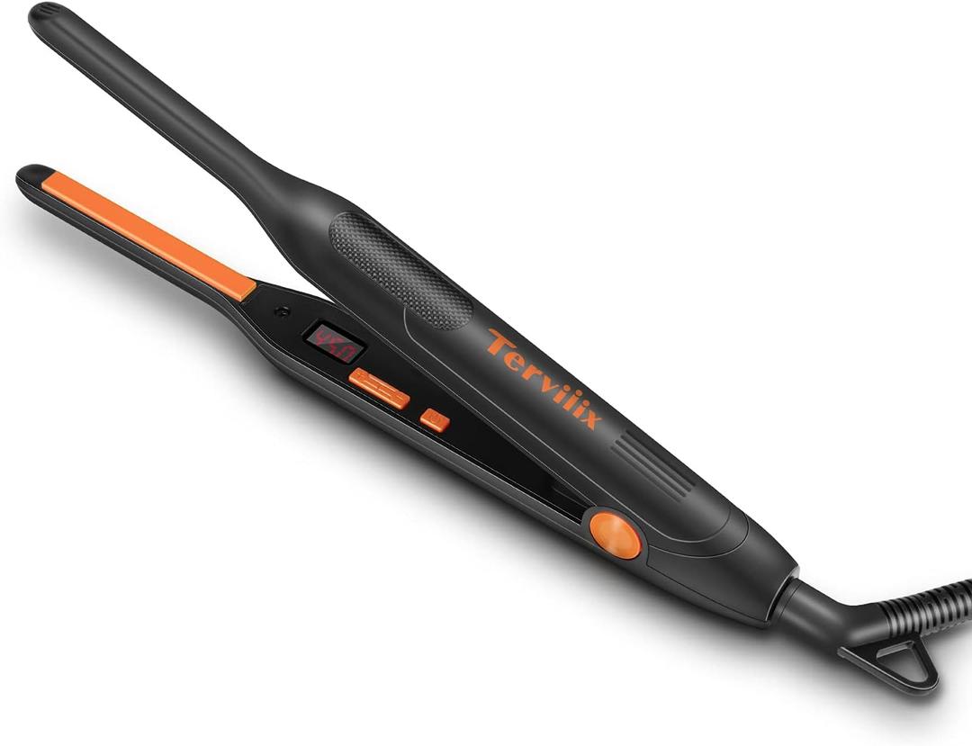 Terviiix Small Flat Iron for Short Hair, Temperature Adjustable Pencil Flat Iron Fast Heat Up, 3/10 Inch Beard Straightening Iron Dual Voltage with Tourmaline Ceramic Plates, Auto Shut Off (Orange)