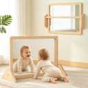 Montessori Mirror with Pull Up Bar, 23.6 x 15.7 in Natural Wood Frame & Shatter-Resistant Acrylic Baby Mirror for Floor and Wall, Tummy Time and Pull-to-Stand Practice