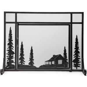 Plow & Hearth Metal Fireplace Screen Cabin Black | 44" W x 33" H | Magnetic Hinged Door | Spark Guard Cover | Stand Alone Wrought Iron Panel Fire Place Cover