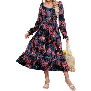 ZAFUL Women's 2025 Long Sleeve Square Neck Fall Boho Floral Midi Dress High Waist Flowy A Line Tiered Wedding Guest Dresses (Black)
