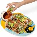 Ceramic Bee Shark Taco Holder, Bee Shark Sushi Plates, Funny Handmade Kitchen Salad Plates with Dipping Sauce Bowl, Microwave/Oven/Dishwasher Safe Plate, Holiday Birthday Gifts for Sharks Party Lovers (1 Pack, Blue Yellow)