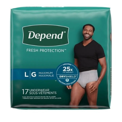 Depend Fresh Protection Adult Diapers, Incontinence Underwear for Men, Disposable, Maximum, Large, Grey, 17 Count, Packaging May Vary