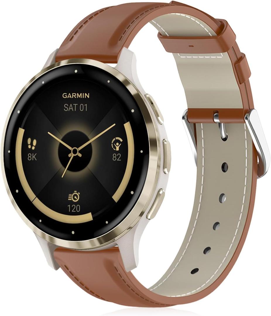 Leather Watch Bands Compatible with Garmin Venu 2S/Vivoactive 4S/Venu 3S/Vivomove 3S, 18mm Soft Genuine Leather Replacement Wristband for Garmin Forerunner 265S/255S/255S Music Women Men
