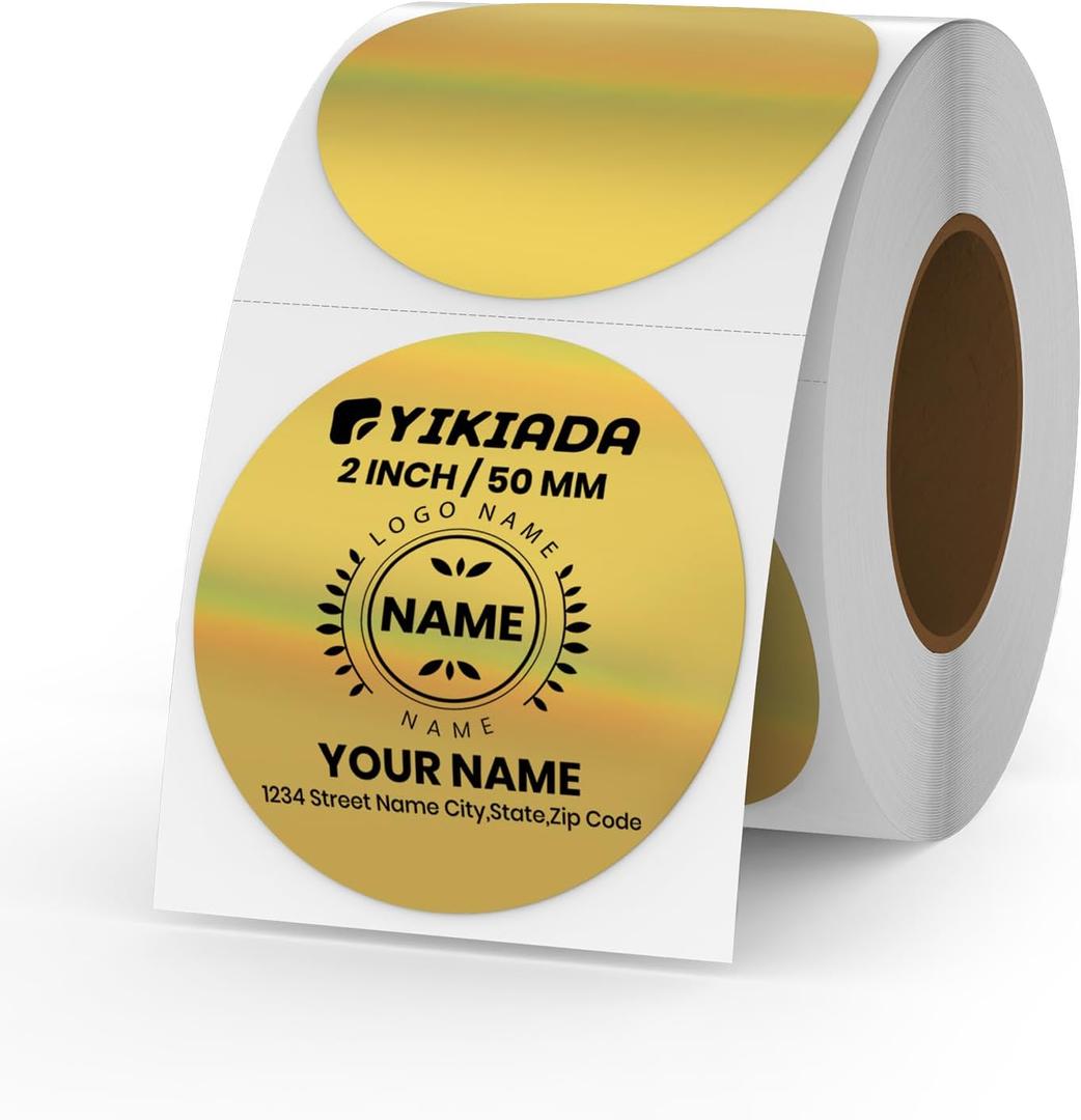 Gold Circle Thermal Labels Vinyl 2 Inch Self-Adhesive Round Glitter Stickers Roll Waterproof Printer Decals Name Tag for QR Code DIY Office Address 200 PCS