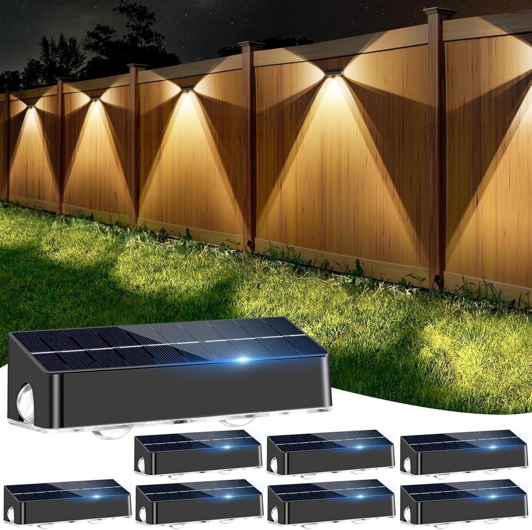 Solar Fence Lights 8 Pack Solar Fence Lights Outdoor with 3-Side Lighting, 9 Colors11 Lighting Modes, IP65 Waterproof, Fence Lights Solar Powered for Outside Wall Backyard Step Patio Deck Garden