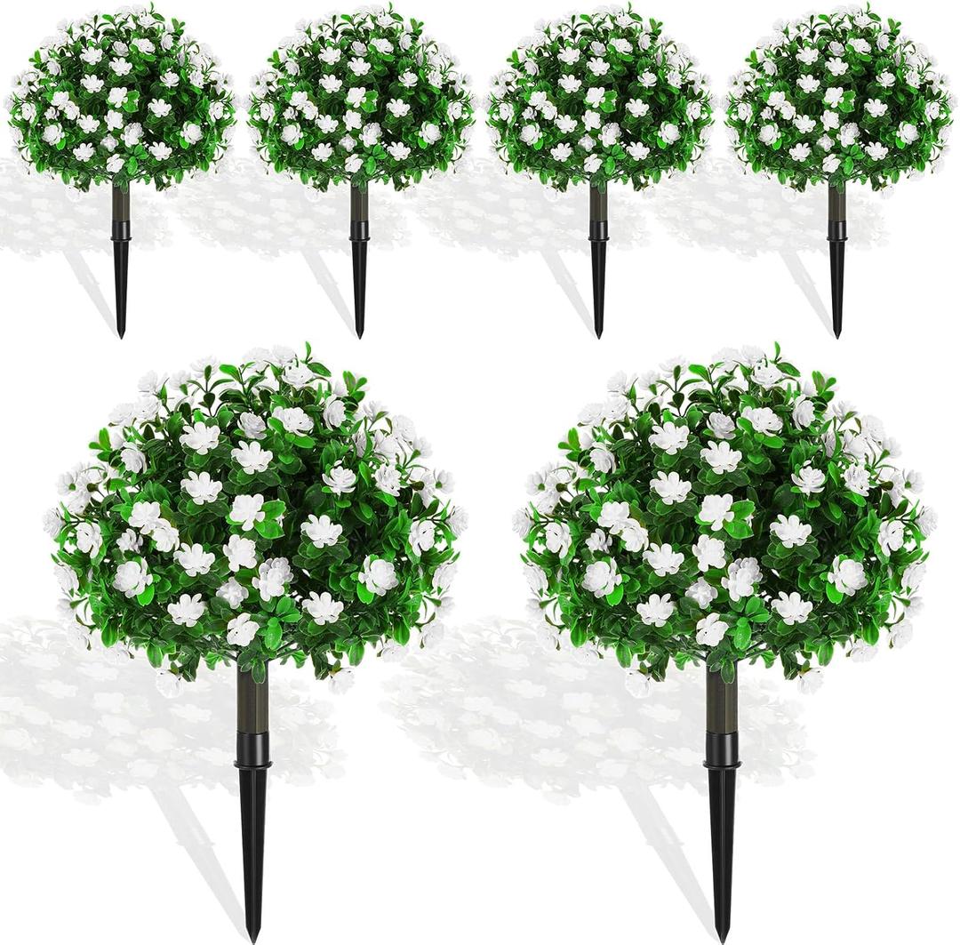 Yunlly Set of 6 Artificial Boxwood Topiary Ball Tree 16 Inch Outdoor Topiary Tree with Flower Fake Bushes, UV Resistance Faux Shrubs Evergreen Plant with Spike for Front Porch Indoor Decor (White)