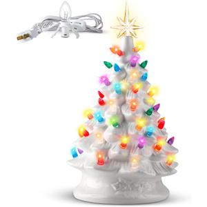 Ganeen 15 Inch Ceramic Christmas Tree with 66 Multicolored Lights Hand Painted Tabletop Christmas Tree Vintage Xmas Decorations for Table Desk Countertop Mantel Home Office (White)