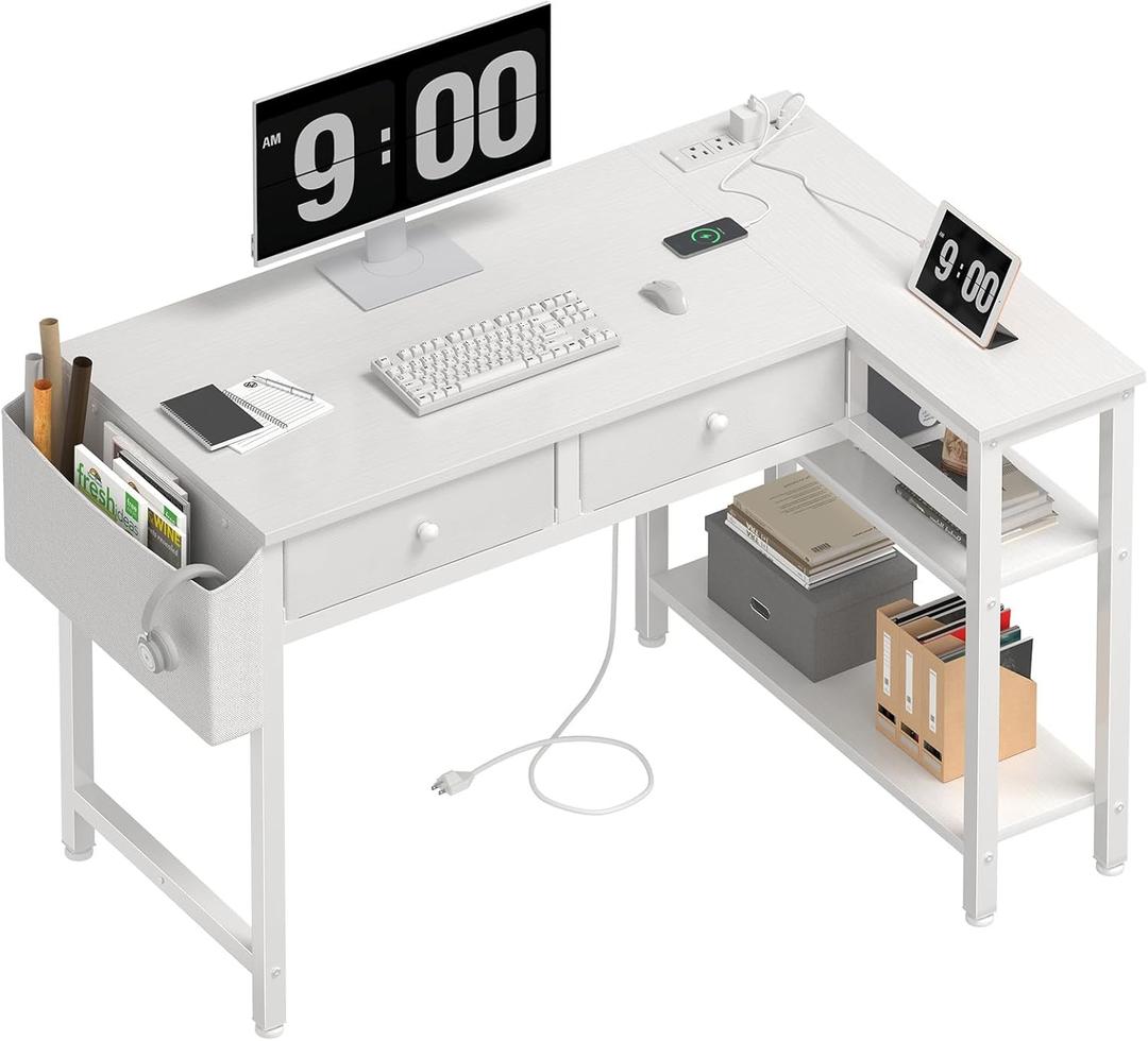 DLisiting White L Shaped Desk with Drawers & Storage Shelves, 40 Inch Small Corner Desk with Power Outlet for Small Space Home Office, Study Work PC Desks for Bedroom