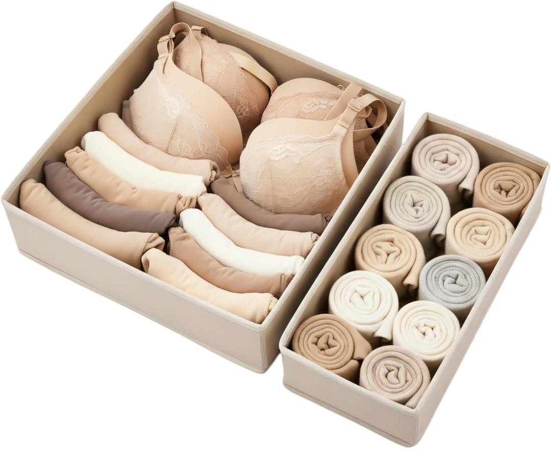 Underwear Drawer Organizer 2 Pack - Foldable Fabric Storage Bins for Dresser & Closet, Khaki Sock and Bra Dividers, 2 Sizes for Bedroom Organization
