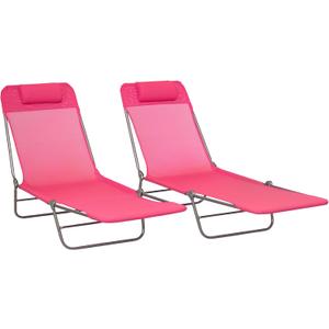 Outsunny 2 Piece Folding Chaise Lounge Chairs, Pool Sun Tanning Chairs with Reclining Back, Breathable Mesh Seat, Headrest for Beach, Yard, Patio, Pink