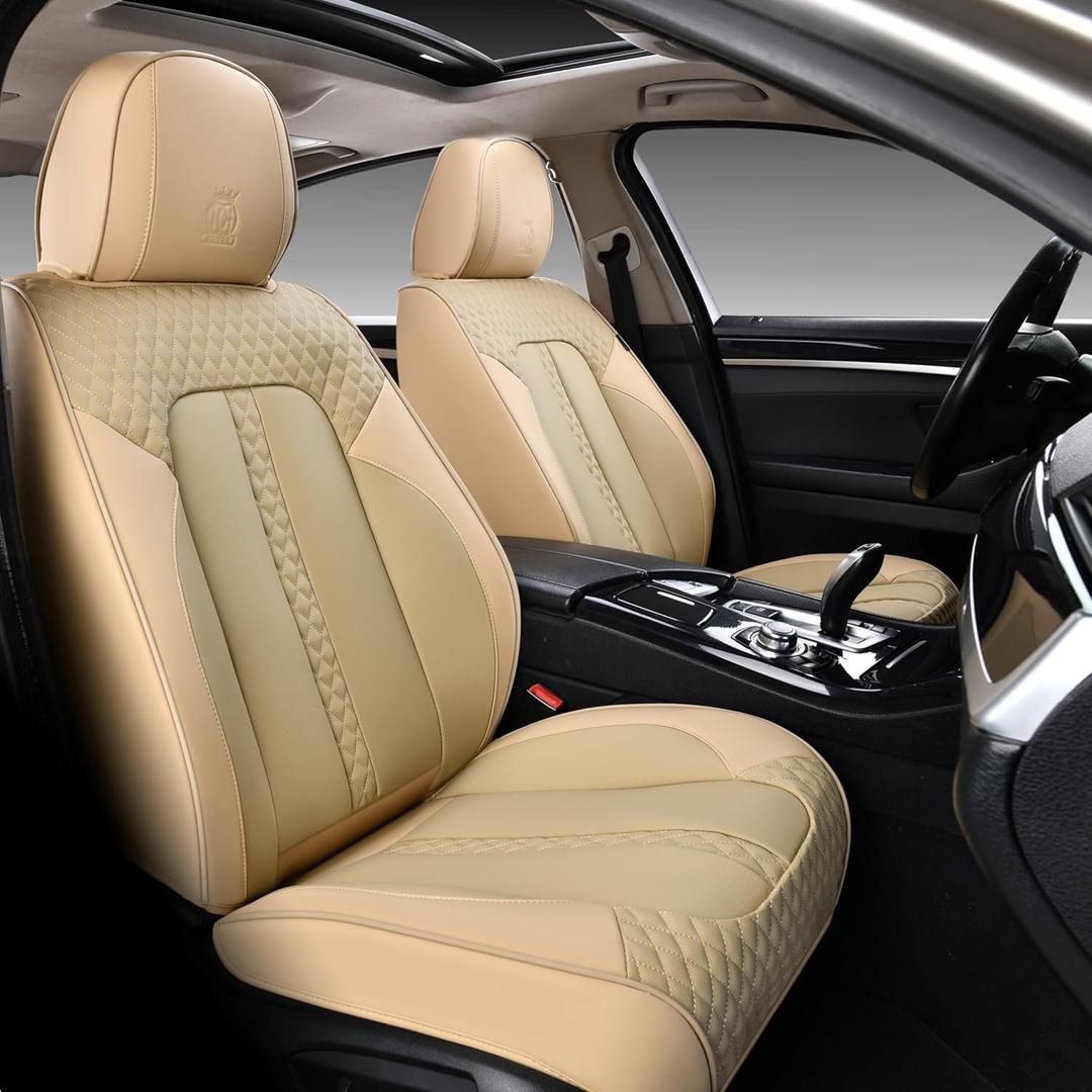 Doogo Front Seat Covers, Leather Car Seat Covers 2-Pack, Waterproof Universal Car Seat Cushions Protectors, Auto Driver Seat Covers Fit for Most Cars Trucks SUV-Beige