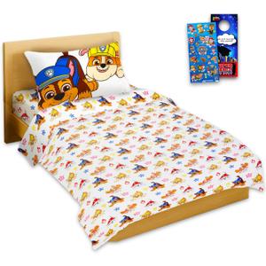 Paw Patrol Sheet Set Puppies Ready - Bundle of Paw Patrol Bedding Including: Flat Sheet, Fitted Sheet, and Pillowcase for Twin Bed Plus Stickers, More for Kids