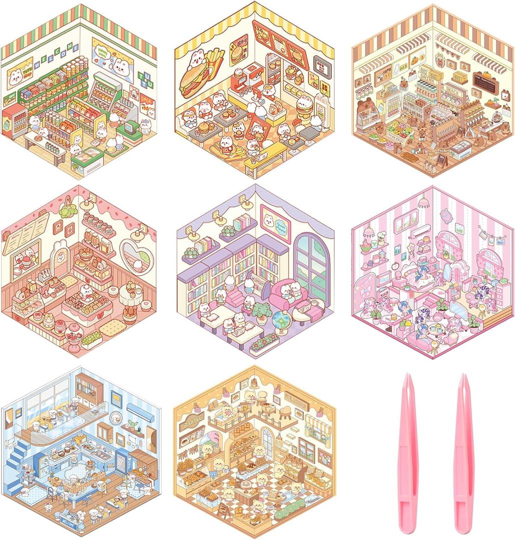 8 Sets DIY 3D House Stickers, 3D Sticker Scene Miniature Scene Stickers, Cute Cartoon Sticker for Adults Kids, Make Your Own Fun Room Book