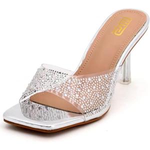 Women's Rhinestone Stiletto Sandals Elegant Square Open Toe Backless Slip-On High Heel Dress Sides Shoes with Clear Rhinestone Design for Evening Party and Wedding Events (8)