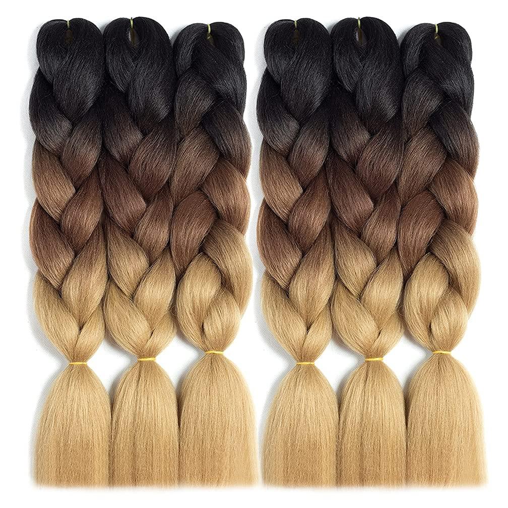 Ombre Braiding Hair 6 Packs 24 Inch Ombre Jumbo Braiding Hair Synthetic Braids Hair Extensions (Black/Dark Brown/Light Brown)