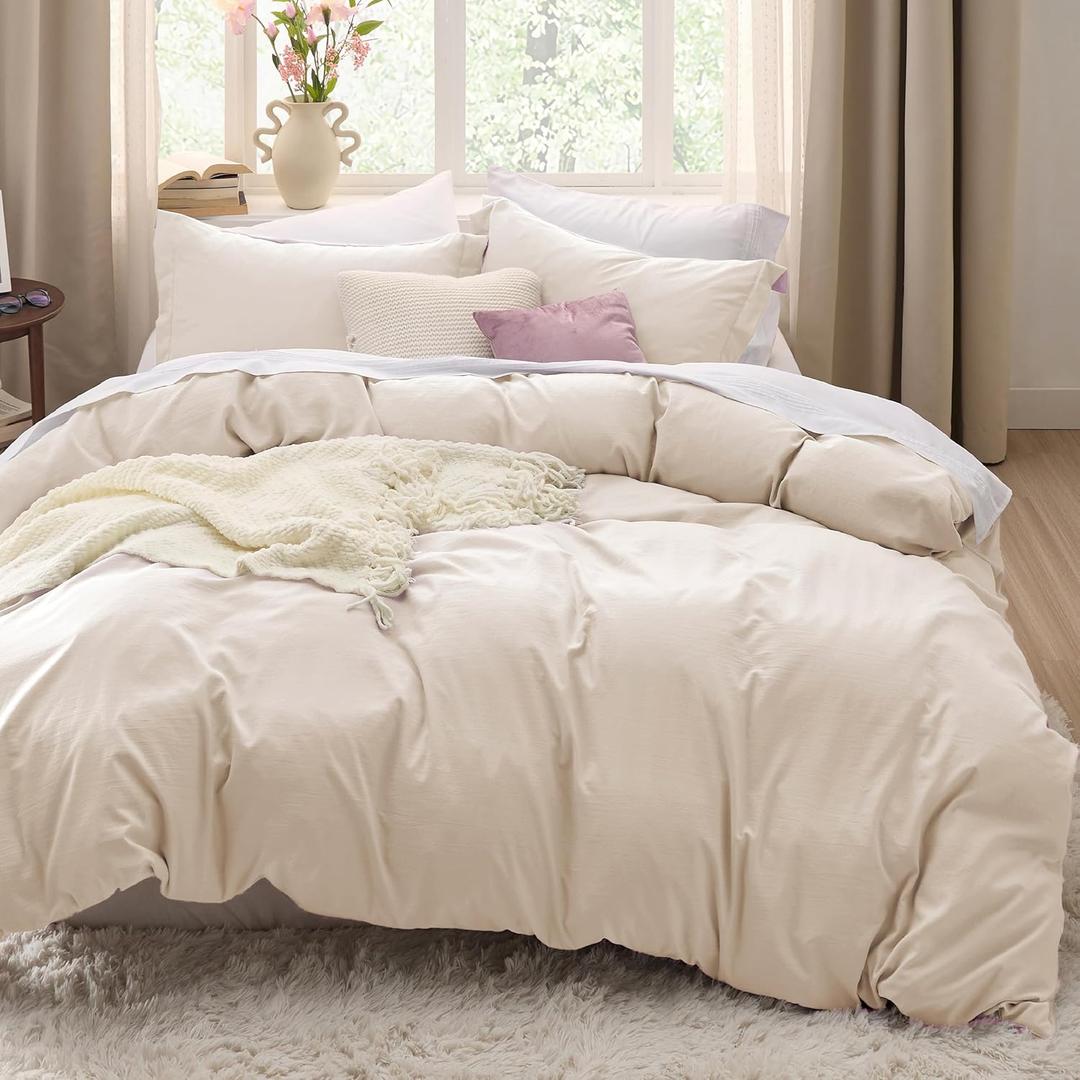 Bedsure Oat Milk Duvet Cover Queen Size - 3 Pieces Prewashed Cotton-Like Polyester Extra Soft Bedding Set, Includes 1 Duvet Cover 90x90 Inches with Zipper Closure & 2 Pillow Shams, No Comforter