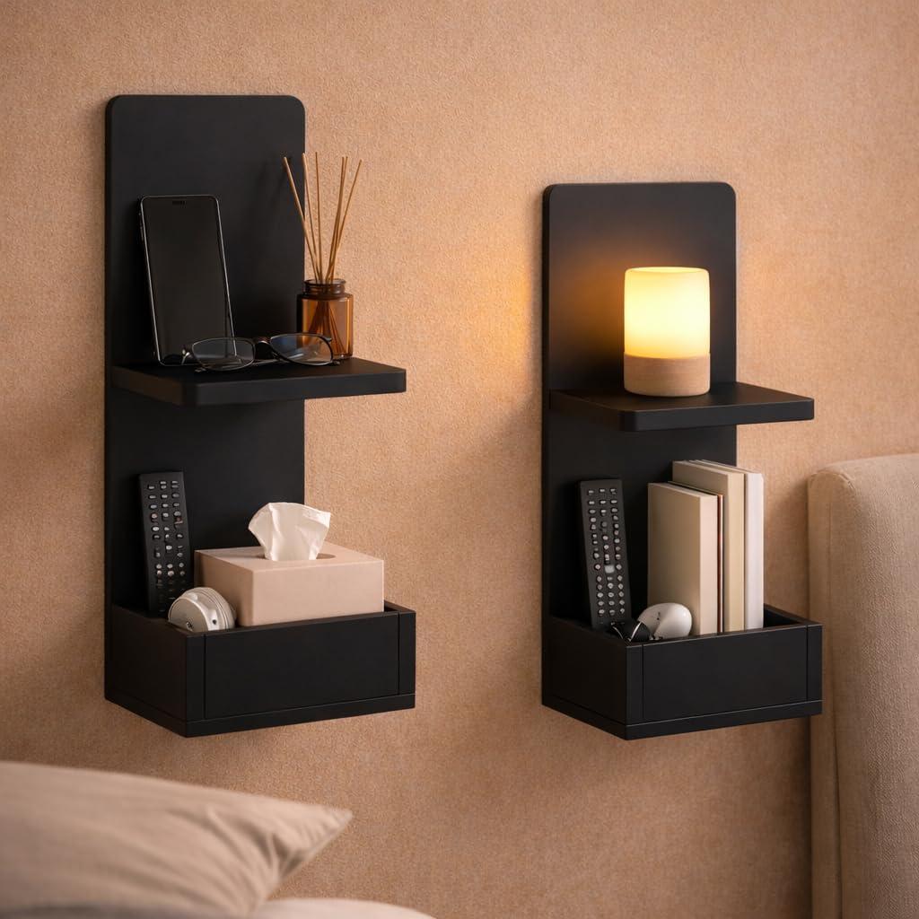 2-Tier Black Floating Wall Shelf, 20x8x6 Wall-Mounted Wooden Beside Shelf/Nightstand for Home Dcor, Plants, Cosmetics, Bathroom, Kitchen, Bedroom Storage (Black with Box)