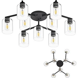 9 Light Kitchen Lighting Fixtures Ceiling Black Semi Flush Mount Ceiling Light Fixture Large Living Room Lighting Cieling Lamps for Dining Room Living Room Light Fixture with Clear Glass Shades