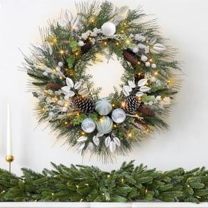 Christmas Lighted Wreath for Front Door, 28 Inches Pre-Lit 35 LED Lights Silvery Artificial Holiday Wreath with Silver Ornaments for Indoor Outdoor Home Decorations