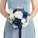 Ling's moment Dsuty Blue Bridal Bouquet for Bride, Navy Blue Wedding Bouquets for Bride Maid of Honor Bridesmaid, 9 Inch Silk Round Artificial Wedding Flowers Bouquets, Small Bridesmaid Bouquet