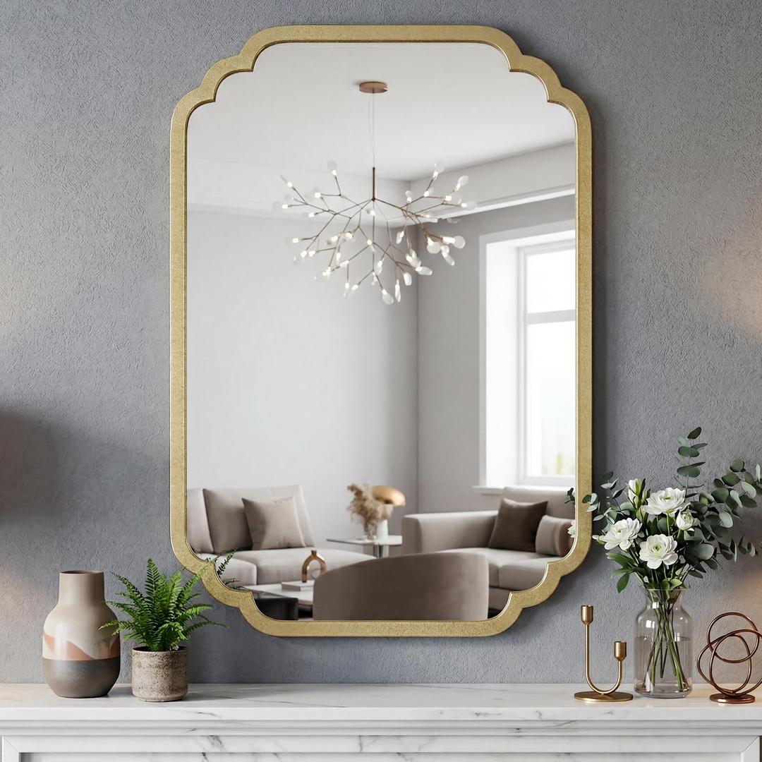 Gold Scalloped Wall Mirror 24"×36" - Modern Minimalist Ornate Rounded Corner Rectangular Decorative Mirror with Metal Frame for Bathroom Vanity, Over Sink, Entryway, Fireplace, Living Room, Hallway