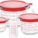 KOMUEE 4 Piece Glass Measuring Cups Set, 5 Oz, 1-Cup, 2-Cup, 4-Cup Liquid Measuring Cups with Lids for Kitchen, Freezer and Microwave Safe