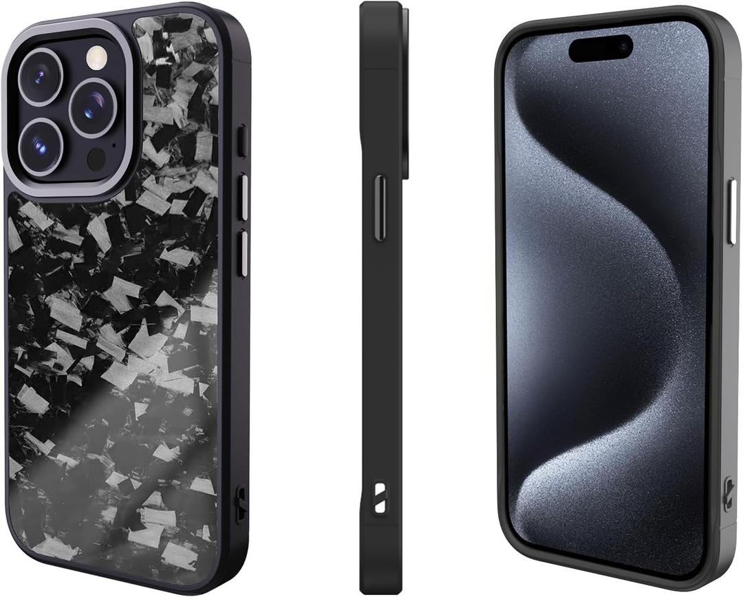Genuine Forged Carbon Fiber Case for iPhone 15 Pro, Military Grade Drop Protection, Shockproof Phone Cover with Aluminum Alloy Buttons and Camera Frame - Glossy Black