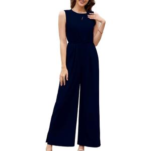 Gardenwed Women's Sleeveless Wide Leg Jumpsuit, Elegant Side Split High Waist Palazzo Pants Romper with Pockets Button Detail (L)