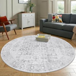 LIVEBOX Vintage Round Rug - Washable 5 Foot Large Oriental Circle Grey Rug for Living Room, Non-Slip Soft Carpet Low Pile Entryway Circular Rugs for Foyer Kitchen Kids Room (Silvergray)